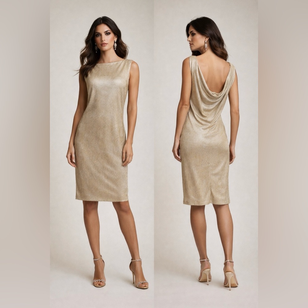 Evan Picone Sheath Dress 16 Gold Sleeveless Cowl Back Party Cruise Wedding NEW